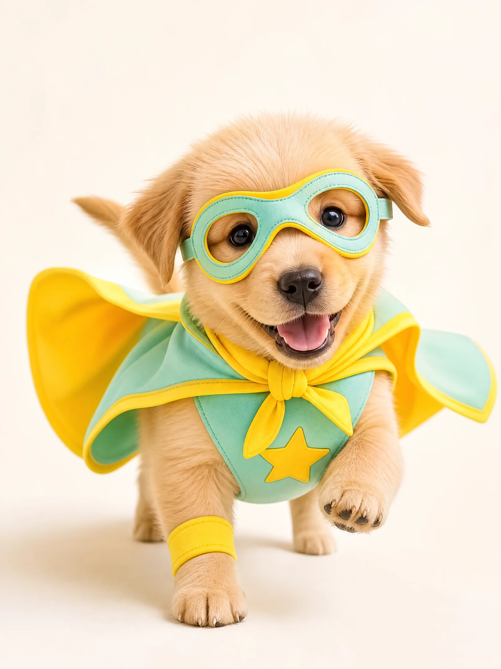 身披英雄披风与护目镜的幼犬服装秀作品